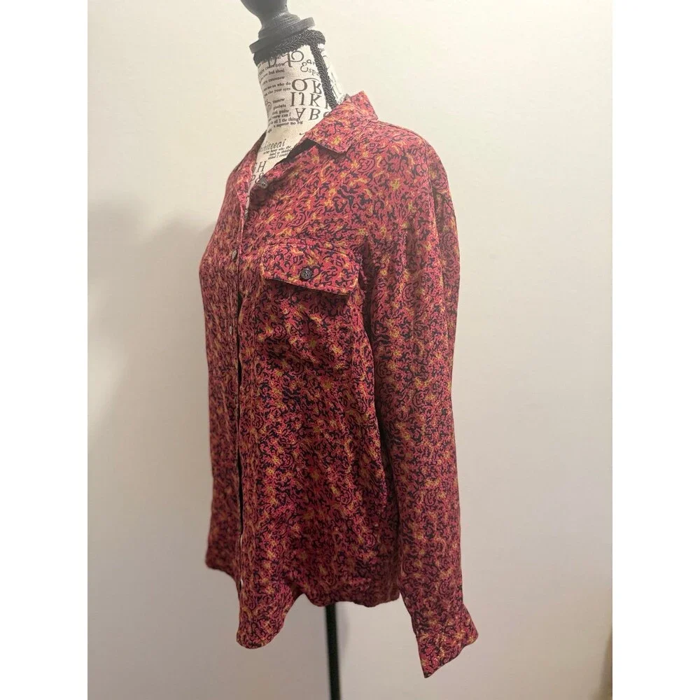 August Silk Red Black Gold Patterned 100% Silk Cottage Core Button-Up Shirt M